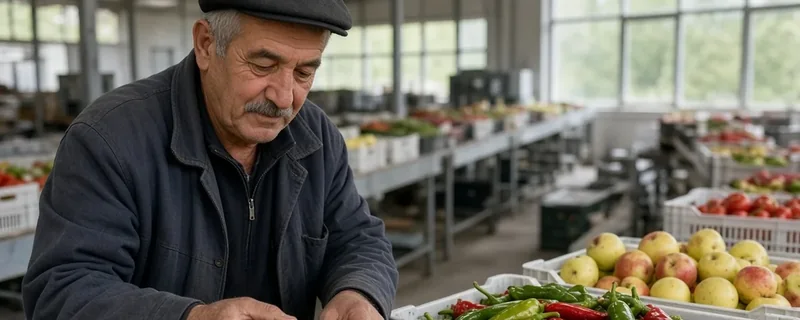 Kasalar içindeki taze tarım ürünlerini hasat sonrası kalite kontrolünden geçiren üretici