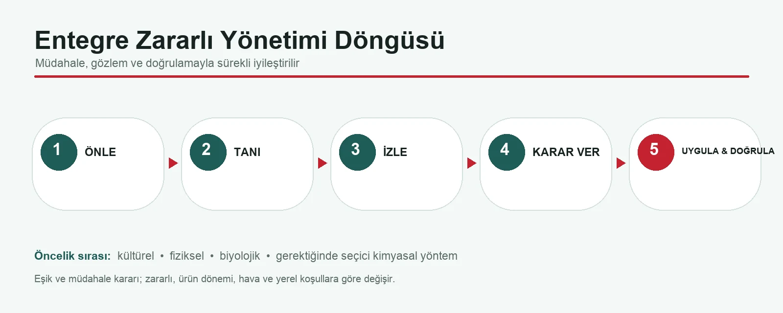IPM Beş Aşamalı Uygulama Döngüsü Entegre Zararlı Yönetiminin beş aşamalı uygulama döngüsü