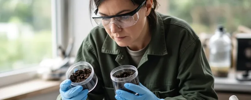 Laboratuvarda toprak analizi yapan uzman ve toprak numuneleri